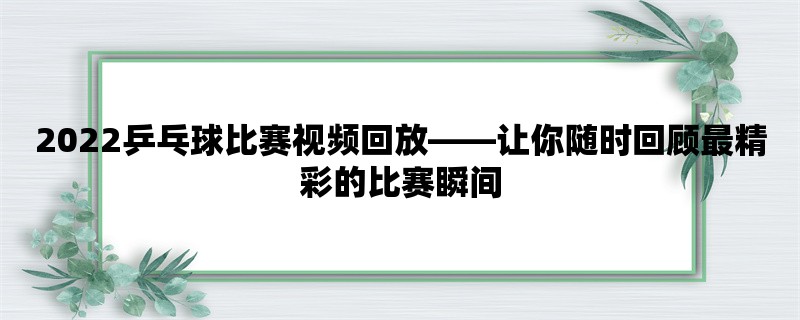 2022乒乓球比赛视频回放，让你随时回顾最精彩的比赛瞬间